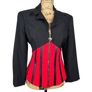 Vintage Nina K Corset Style‎ Blazer Top Black Red Faux Leather Trim Zip Front S.